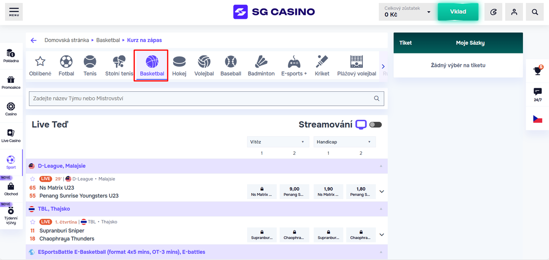 Live sázení na sport v SGkasino